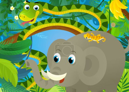 Téléchargez les photos : Scène de dessin animé avec des animaux de la jungle étant ensemble éléphant serpent et autre illustration pour les enfants - en image libre de droit