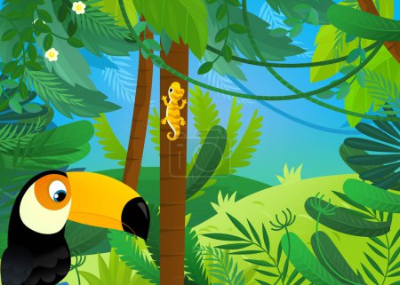 Téléchargez les photos : Scène de dessin animé avec des animaux étant ensemble dans la jungle ou zoo de forêt illustration pour les enfants - en image libre de droit