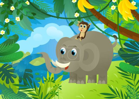 Foto de Escena de dibujos animados con elefante derramando agua con otros animales de la selva amigos estar juntos ilustración para niños - Imagen libre de derechos
