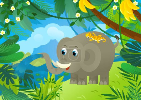 Photo for Cartoon scene with elephant spilling water with other jungle animals friends being together illustration for kids - Royalty Free Image