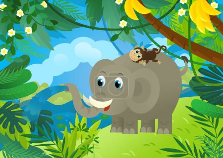 Téléchargez les photos : Scène de dessin animé avec éléphant renverser de l'eau avec d'autres animaux de la jungle amis être ensemble illustration pour les enfants - en image libre de droit