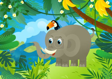 Foto de Escena de dibujos animados con elefante derramando agua con otros animales de la selva amigos estar juntos ilustración para niños - Imagen libre de derechos