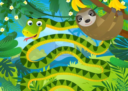Photo for Cartoon scene with jungle animals snake and other being together illustration for kids - Royalty Free Image