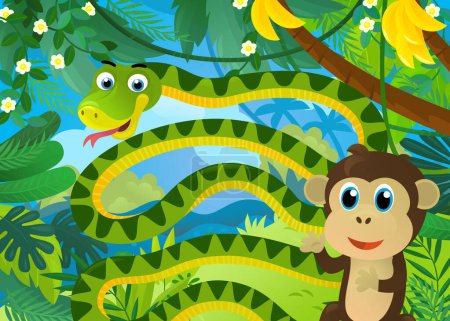 Téléchargez les photos : Scène de dessin animé avec des animaux de la jungle serpent et autre être ensemble illustration pour les enfants - en image libre de droit