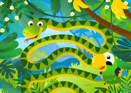 Téléchargez les photos : Scène de dessin animé avec des animaux de la jungle serpent et autre être ensemble illustration pour les enfants - en image libre de droit