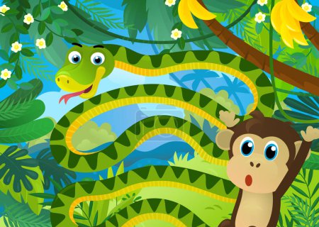 Foto de Escena de dibujos animados con animales de la selva serpiente y otro ser juntos ilustración para los niños - Imagen libre de derechos