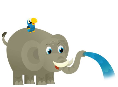 Téléchargez les photos : Dessin animé sauvage heureux jeune éléphant renverser de l'eau avec d'autres animaux illustration isolée pour les enfants - en image libre de droit