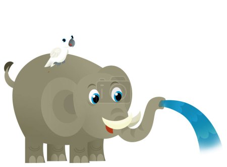 Téléchargez les photos : Dessin animé sauvage heureux jeune éléphant renverser de l'eau avec d'autres animaux illustration isolée pour les enfants - en image libre de droit