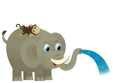 Photo for Cartoon wild happy young elephant spilling water with other animal isolated illustration for kids - Royalty Free Image