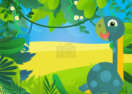 Téléchargez les photos : Scène de dessin animé avec heureux dinosaure préhistorique vivant dans la jungle illustration pour les enfants - en image libre de droit