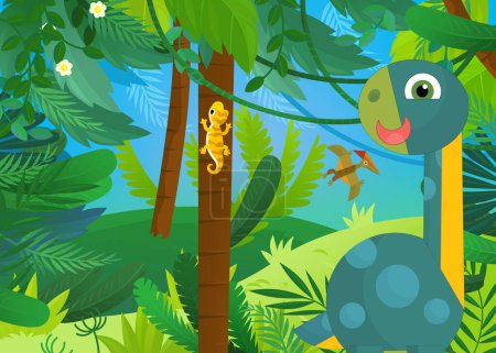 Téléchargez les photos : Scène de dessin animé avec heureux dinosaure préhistorique vivant dans la jungle illustration pour les enfants - en image libre de droit