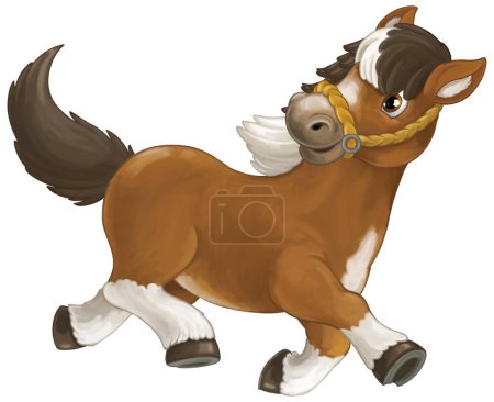 Téléchargez les photos : Dessin animé cheval heureux est en cours d'exécution sautant sourire et regarder - style artistique - isolé - illustration pour les enfants - en image libre de droit