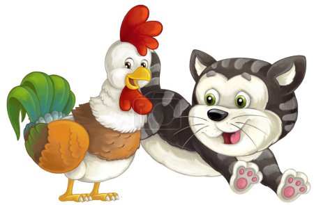 Photo for Cartoon happyt farm or city domestic cat and rooster having fun isolated illustration for children - Royalty Free Image
