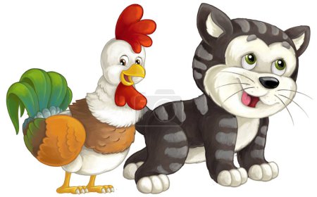 Foto de Dibujos animados granja happyt o ciudad gato doméstico y gallo divertirse ilustración aislada para niños - Imagen libre de derechos