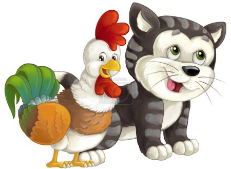 Foto de Dibujos animados granja happyt o ciudad gato doméstico y gallo divertirse ilustración aislada para niños - Imagen libre de derechos