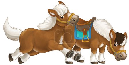 Foto de Dibujos animados feliz par de caballos está corriendo saltando sonriendo y buscando - estilo artístico - aislado - ilustración para niños - Imagen libre de derechos