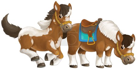 Téléchargez les photos : Dessin animé heureux paire de chevaux est en cours d'exécution sautant sourire et regarder - style artistique - isolé - illustration pour les enfants - en image libre de droit