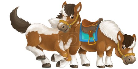 Téléchargez les photos : Dessin animé heureux paire de chevaux est en cours d'exécution sautant sourire et regarder - style artistique - isolé - illustration pour les enfants - en image libre de droit