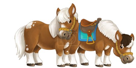 Foto de Dibujos animados feliz par de caballos está corriendo saltando sonriendo y buscando - estilo artístico - aislado - ilustración para niños - Imagen libre de derechos