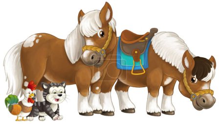 Photo for Cartoon happy pair of horses is running jumping smiling and looking with cat and rooster isolated illustration for children - Royalty Free Image