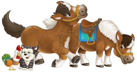 Photo for Cartoon happy pair of horses is running jumping smiling and looking with cat and rooster isolated illustration for children - Royalty Free Image