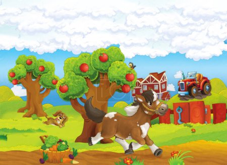 Téléchargez les photos : Scène de dessin animé avec animal de ferme sur la prairie ayant illustration amusante pour les enfants - en image libre de droit