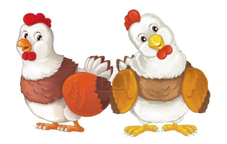 Photo for Cartoon happy farm animals - cheerful hens are doing something smiling and looking isolated illustration for children - Royalty Free Image