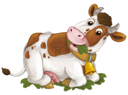 Foto de Escena de dibujos animados con granja feliz vaca animal buscando y sonriendo ilustración aislada para niños - Imagen libre de derechos
