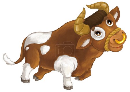 Téléchargez les photos : Scène de dessin animé avec animal de ferme heureux vache regarder et sourire illustration isolée pour les enfants - en image libre de droit