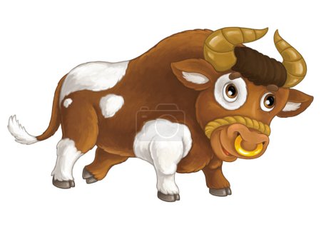 Téléchargez les photos : Scène de dessin animé avec animal de ferme heureux vache regarder et sourire illustration isolée pour les enfants - en image libre de droit