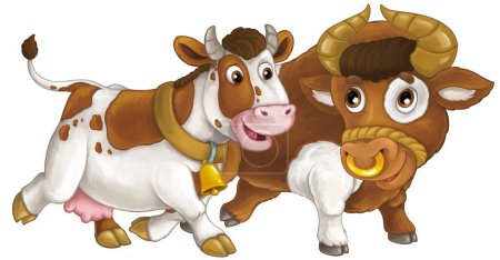 Téléchargez les photos : Scène de dessin animé avec vache animal ferme heureuse et bul regarder et sourire s'amuser ensemble illustration isolée pour les enfants - en image libre de droit