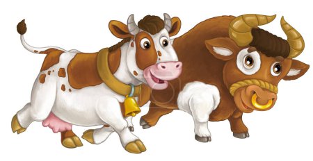 Foto de Escena de dibujos animados con granja feliz vaca animal y bul buscando y sonriendo divertirse juntos ilustración aislada para niños - Imagen libre de derechos