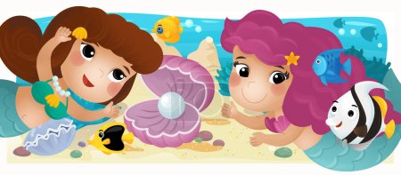 Téléchargez les photos : Dessin animé océan et la sirène dans le royaume sous-marin nager avec des poissons - illustration pour les enfants - en image libre de droit