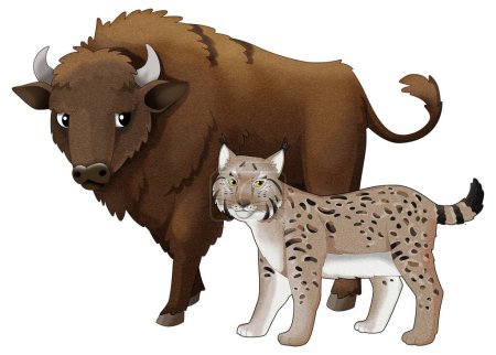 Photo for Cartoon wild animal bison aurochs and lynx isolated illustration for kids - Royalty Free Image