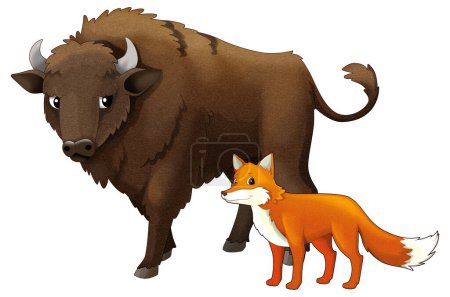 Téléchargez les photos : Dessin animé animaux sauvages bison aurochs et renard illustration isolée pour les enfants - en image libre de droit