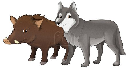Téléchargez les photos : Dessin animé loup sauvage ou chien sanglier et hibou illustration isolée pour enfants - en image libre de droit