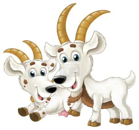 Téléchargez les photos : Scène de dessin animé avec une joyeuse paire de chèvres ayant une illustration amusante pour les enfants - en image libre de droit