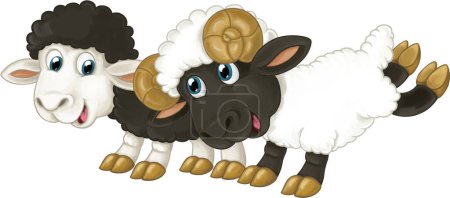 Téléchargez les photos : Dessin animé heureux animal de ferme joyeuse paire de moutons illustration isolée pour les enfants - en image libre de droit
