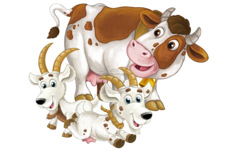 Foto de Escena de dibujos animados con animales de granja felices vaca y dos cabras divirtiéndose juntos ilustración aislada para niños - Imagen libre de derechos