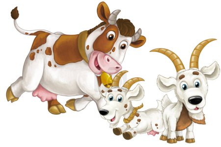 Photo for Cartoon scene with happy farm animals cow and two goats having fun together isolated illustration for kids - Royalty Free Image
