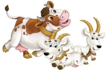 Téléchargez les photos : Scène de dessin animé avec des animaux de ferme heureux vache et deux chèvres s'amuser ensemble illustration isolée pour les enfants - en image libre de droit