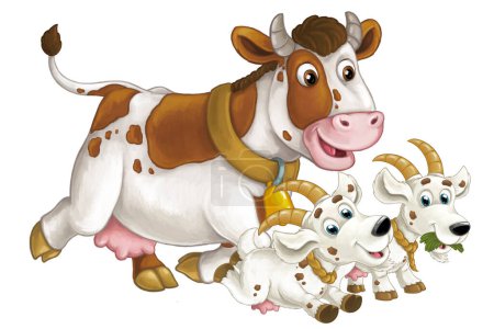 Photo for Cartoon scene with happy farm animals cow and two goats having fun together isolated illustration for kids - Royalty Free Image