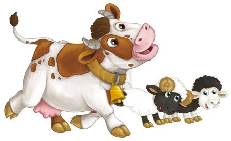 Photo for Cartoon scene with happy farm animal cow looking and smiling and two sheep friends isolated illustration for children - Royalty Free Image