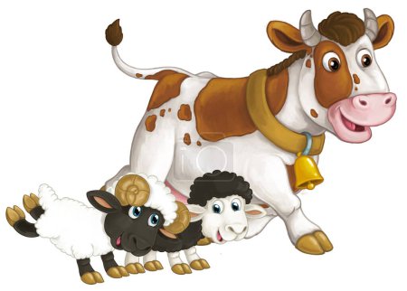 Foto de Escena de dibujos animados con granja feliz vaca animal mirando y sonriendo y dos ovejas amigos ilustración aislada para los niños - Imagen libre de derechos