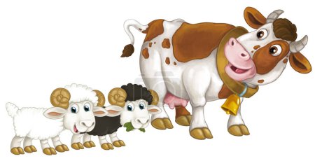 Téléchargez les photos : Scène de dessin animé avec la ferme heureuse animal vache regardant et souriant et deux amis moutons illustration isolée pour les enfants - en image libre de droit