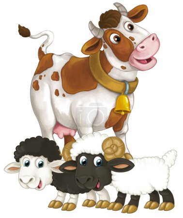 Téléchargez les photos : Scène de dessin animé avec la ferme heureuse animal vache regardant et souriant et deux amis moutons illustration isolée pour les enfants - en image libre de droit