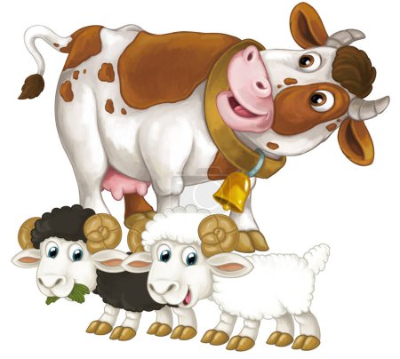 Foto de Escena de dibujos animados con granja feliz vaca animal mirando y sonriendo y dos ovejas amigos ilustración aislada para los niños - Imagen libre de derechos