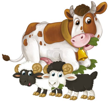 Photo for Cartoon scene with happy farm animal cow looking and smiling and two sheep friends isolated illustration for children - Royalty Free Image