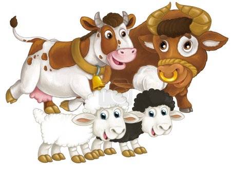 Foto de Escena de dibujos animados con granja feliz vaca animal y bul y dos ovejas divirtiéndose juntos ilustración aislada para niños - Imagen libre de derechos