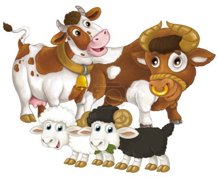 Téléchargez les photos : Scène de dessin animé avec vache animal ferme heureuse et bul et deux moutons s'amuser ensemble illustration isolée pour les enfants - en image libre de droit